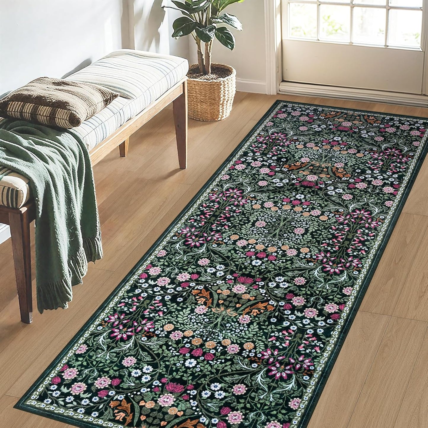 Runner Rug for Entryway: 2.6x8 Kitchen Rugs Non Slip Washable Ultra-Thin Soft Floral Carpet Indoor Floor Stain Resistant Carpets for Hallway Bedroom Kitchen Laundry Bathroom Dorm Dark Green