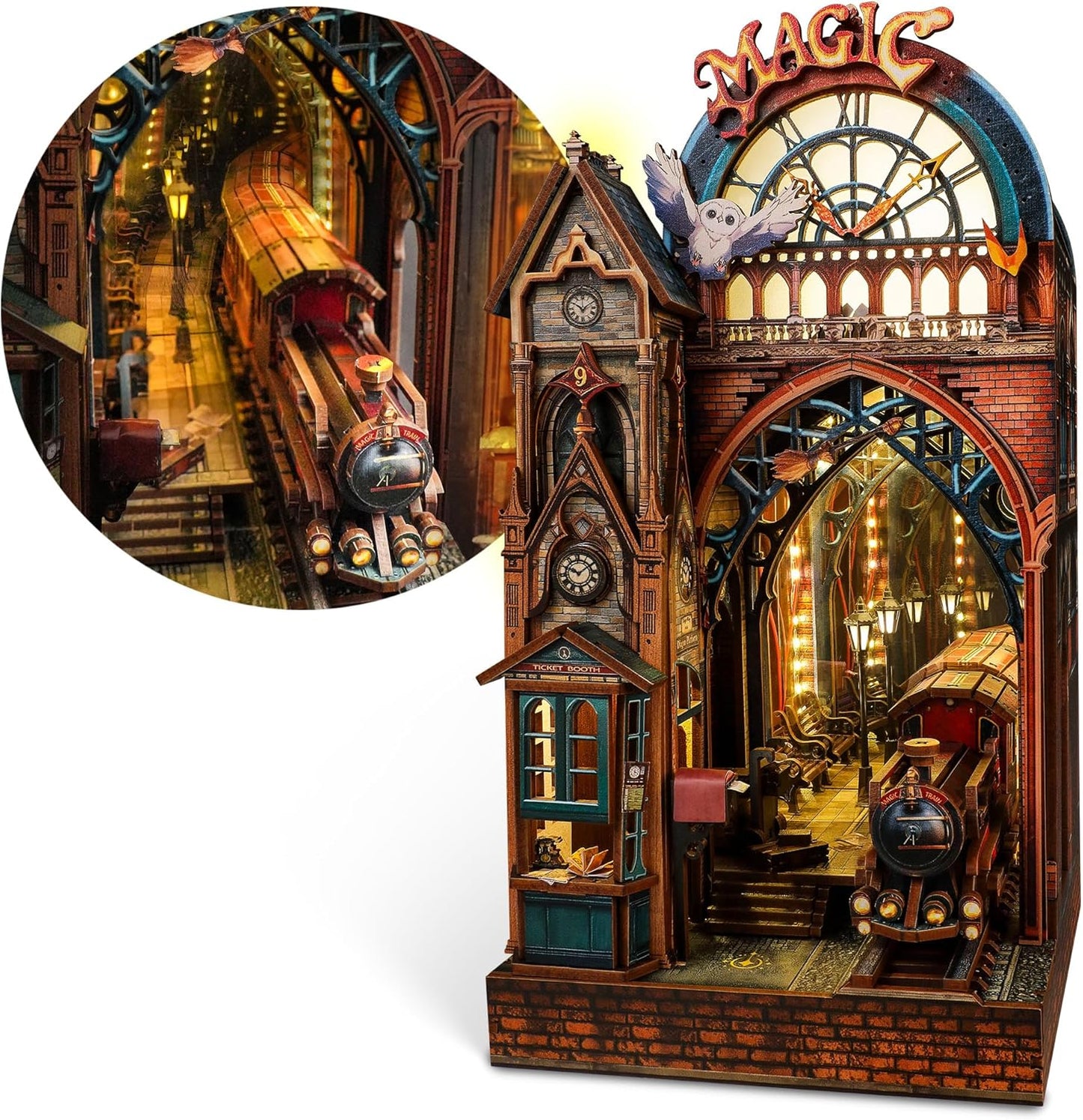 LED 3D Puzzle Magic Station Book Nook Kit - Interactive 3D Wood Puzzle LED Magical Miniature with Infinite Extension Space - DIY Bookshelf Insert Decor Gifts