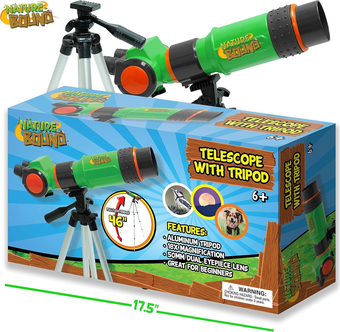 Nature Bound Telescope for Kids and Beginners, 16X Magnification and 15mm Lens for Indoor and Outdoor Use - Adjustable Tripod Included - for Kids Ages 6+, Green (NB538)