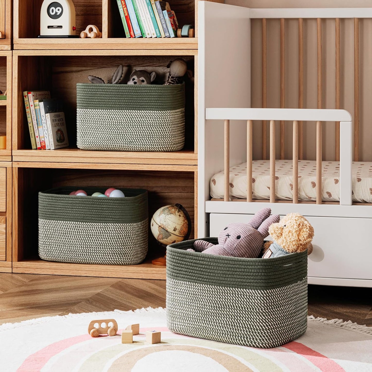 UBBCARE 4 Pack Baskets for Organizing, Woven Storage Baskets for Toys and Towel, Rectangle Cotton Rope Basket with Handles, 15''L x10''W x9''H, Mixed Green