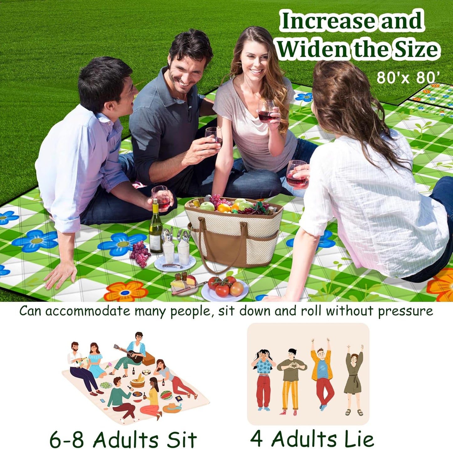 Extra Large Picnic Blanket Waterproof,80"x 80"Foldable Machine Washable Beach Blanket,Outdoor Blanket for 6-8 Adults,Suitable for Indoor Crawling,Park Beach,Camping,Hiking,Family Travel(Green)