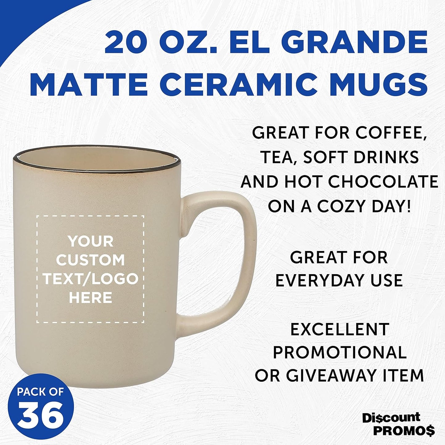 Custom El Grande Matte Ceramic Mugs 20 oz. Set of 36, Personalized Bulk Pack - Perfect for Tea, Espresso, Cappuccino, Hot Cocoa - Beige