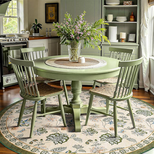 jinchan 8ft Floral Round Rug for Dining Room Washable Living Room Rug Vintage Romance Design Non Slip Indoor Floor Cover Lightweight Low-Profile Throw Carpet for Bedroom Porch Patio, Green/Beige