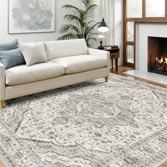 Deerly Area Rug 3x5 Rugs with Non-Slip Backing, Washable 3x5 Rugs for Bedroom Living Room Kitchen Hallway, Distressed Carpet Printed Low-Pile Soft Dorm Rug (Border Cream)
