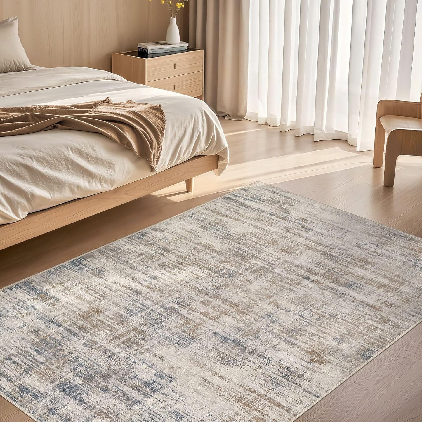 Area Rug for Living Room: 4x6 Washable Neutral Abstract Modern Soft Rugs Non Slip Indoor Floor Stain Resistant Carpet for Bedroom Dining Room Office Nursery - Brown