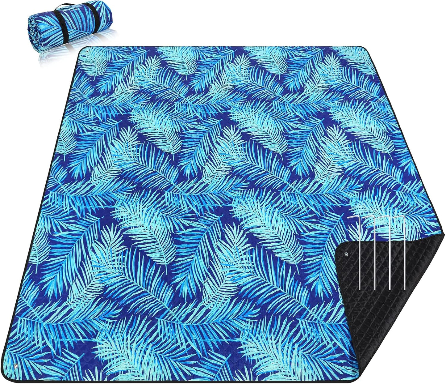PY SUPER MODE Picnic Blankets Extra Large, Waterproof Foldable Outdoor Beach Blanket Oversized 83x79” Sandproof, 3-Layer Picnic Mat for Camping, Hiking, Travel, Park, Concerts(Blue Leaves)