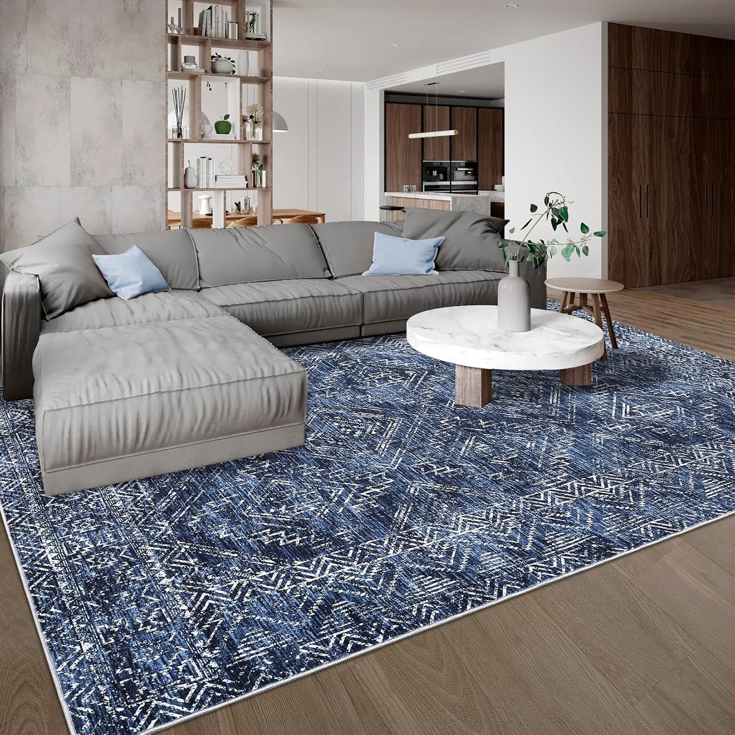 COZYLOOM Area Rug 5x7 Washable Rug for Living Room Bedroom Playroom Nursery Vintage Non Slip Low Pile Soft Throw Floor Cover Geometric Tribal Foldable Indoor Carpet, Blue