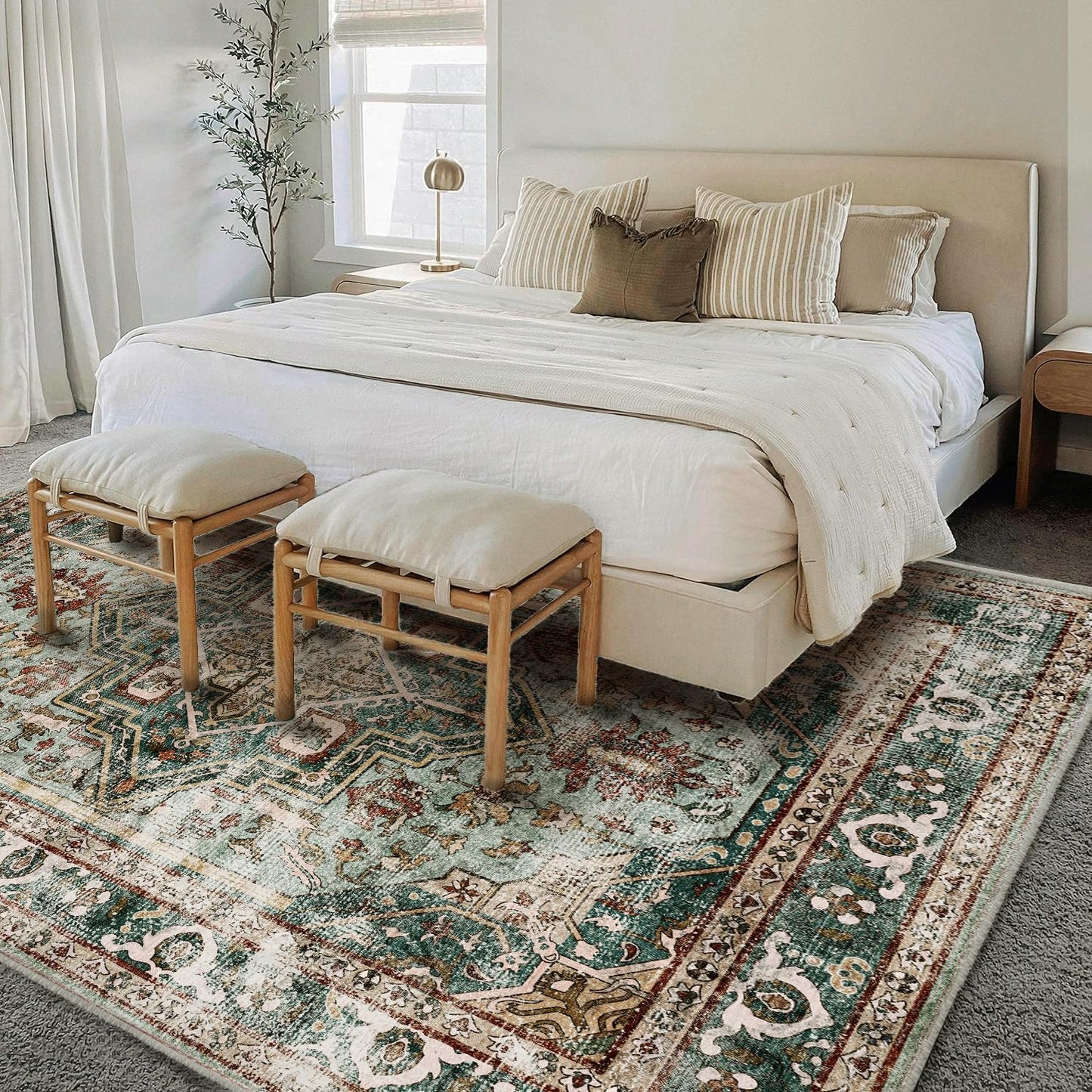 Green Area Rug 9'x12' Washable Vintage Traditional Mat Distressed Indoor Foldable Thin Retro Accent Floral Print Rug Non Slip Carpet for Living Room Dining Room Office