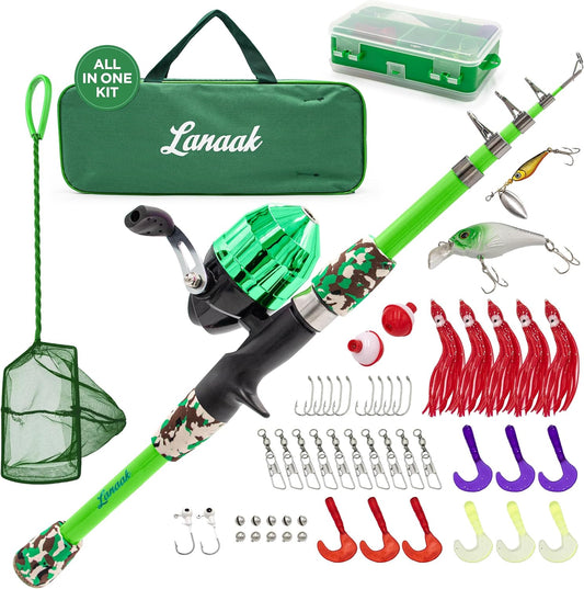 Kids Fishing Pole, Kids Portable Telescopic Fishing Rod Set, Tackle Box and Fishing Net Combo Kit, Kids Fishing Gear for Boys and Girls Age 5-10 and Youth