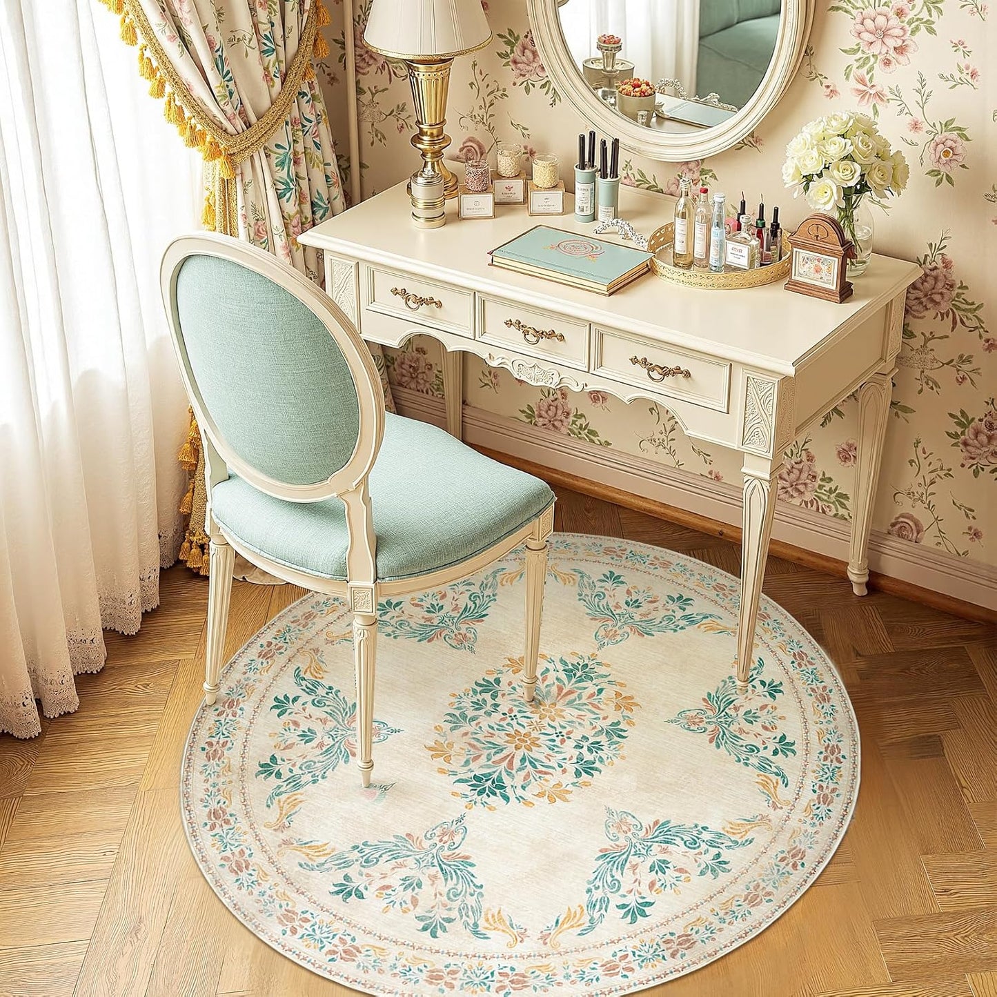 jinchan Round Rug 4ft Area Rugs Vintage Floral Distressed Design,Machine Washable Soft Non-Slip Low-Pile Ultra-Thin Circle Rug for Entryway Bedside Living Room Kitchen Nursery (4' Round,Apricot Multi)