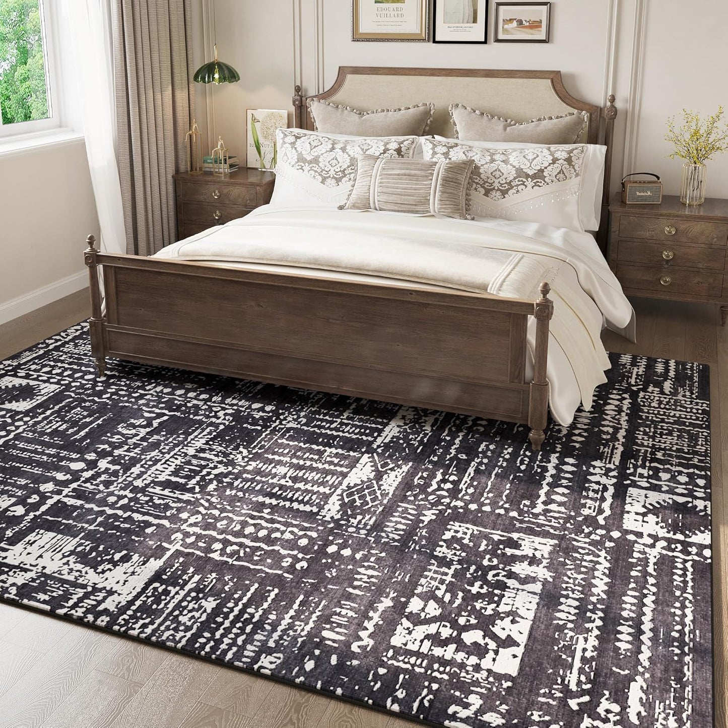 Area Rugs 8x10 Rug for Living Room Clearance Washable Boho Area Rug Non Slip Moroccan Vintage Low Pile Large Rug for Living Room, Bedroom, Farmhouse, Dining Room, Kids Playroom(Black)