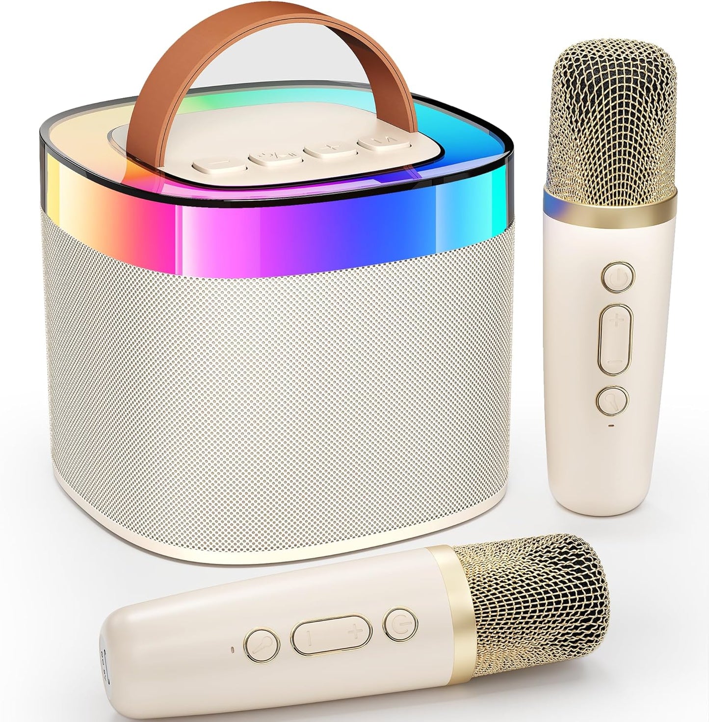YLL Karaoke Machine for Adults Kids, Portable Bluetooth Karokee Speaker with 2 Wireless Microphones,Singing Karaoke Machine Built-in LED Lights for Birthday Gifts, Family Home Party(Beige)