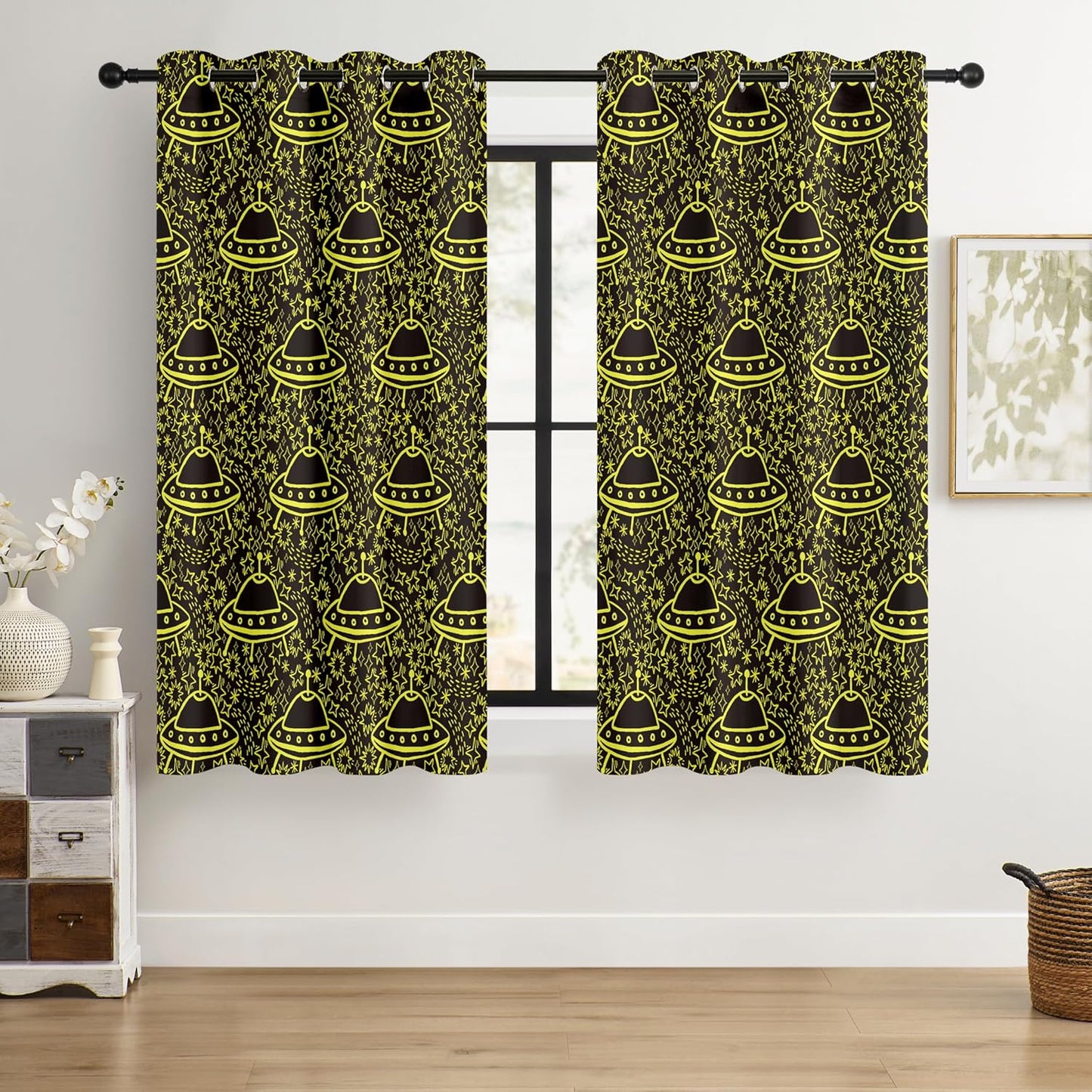 Kids UFO Blackout Curtains - 100% Blackout, Thermal Insulated, Noise Reducing, Perfect for Kids Room and Nursery, 2 Panels (Neon UFO Night, W52×L63)