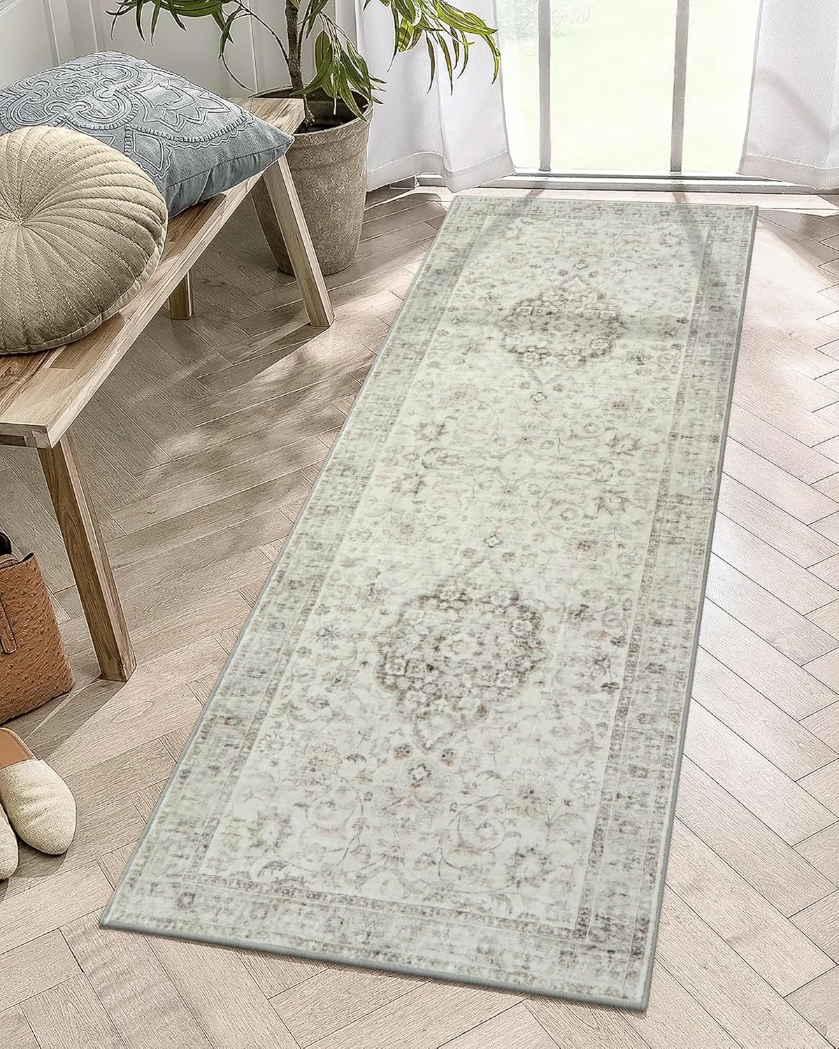 LIVEBOX Washable 2x6 Runner Rug for Bathroom, Non Slip Kitchen Mats for Floor Entryway, Boho Indoor Front Door Mat Low-Pile Runners for Hallways, Farmhouse Rugs for Bath Laundry, Taupe