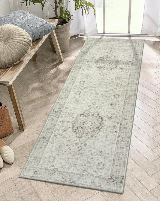 LIVEBOX Washable 2x6 Runner Rug for Bathroom, Non Slip Kitchen Mats for Floor Entryway, Boho Indoor Front Door Mat Low-Pile Runners for Hallways, Farmhouse Rugs for Bath Laundry, Taupe
