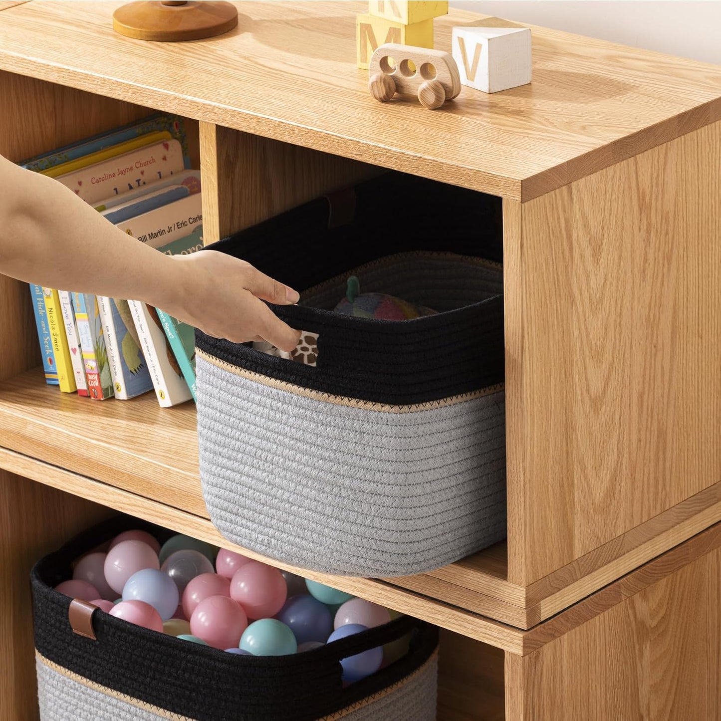 UBBCARE 4 Pack Baskets for Organizing, Woven Storage Baskets with Label for Toys and Towel, Rectangle Cotton Rope Basket with Handles, 15''L x10''W x9''H, Black&Grey