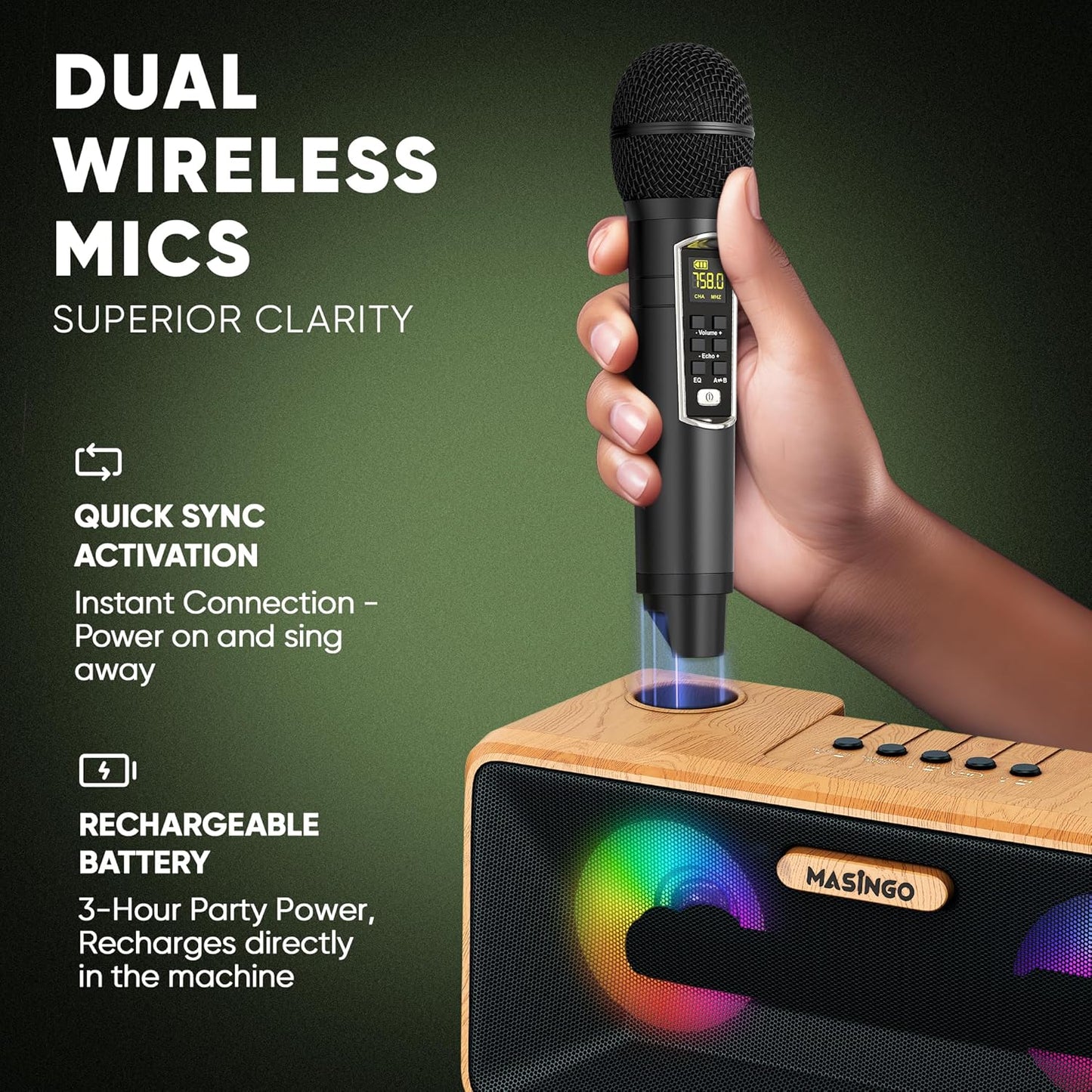 MASINGO Karaoke Machine for Adults and Kids with 2 Wireless Microphones, Portable Bluetooth Singing Speaker, Colorful LED Lights, PA System, Lyrics Display Phone Holder, and TV Cable. Presto G2 Wood