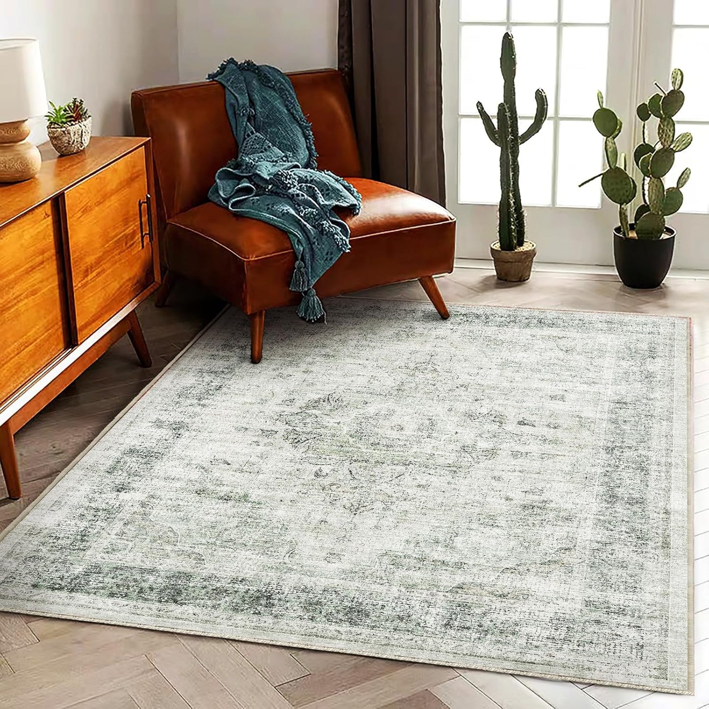 Washable Area Rug 4'x6' Floral Green Vintage Traditional Floor Cover Foldable Thin Rugs Retro Kitchen Indoor Distressed Non Slip Carpet Floral Print Mat Bedroom Living Room