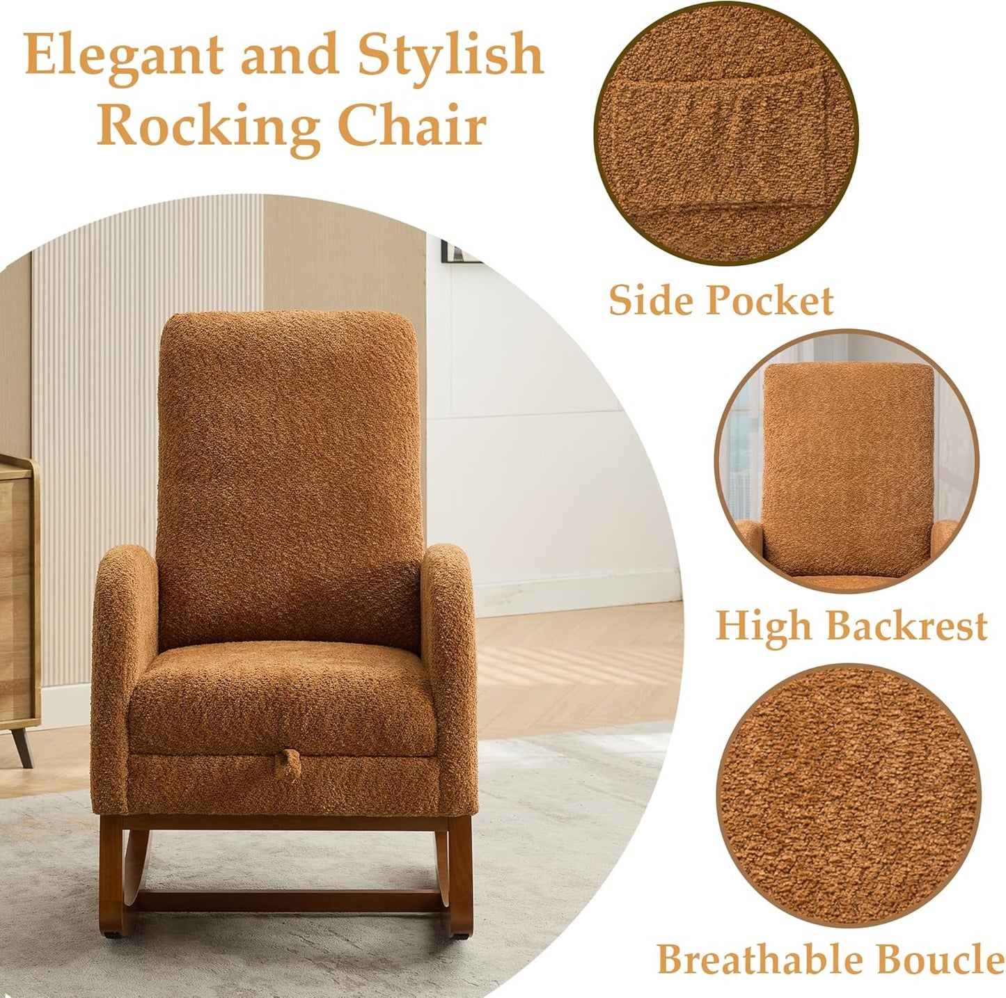 Nursery Rocking Chair with Foot Rest, Upholstered Glider Chair with Two Side Pockets, High Back Nursing Chair, Rocker Accent Armchair for Bedroom Living Room (Caramel)