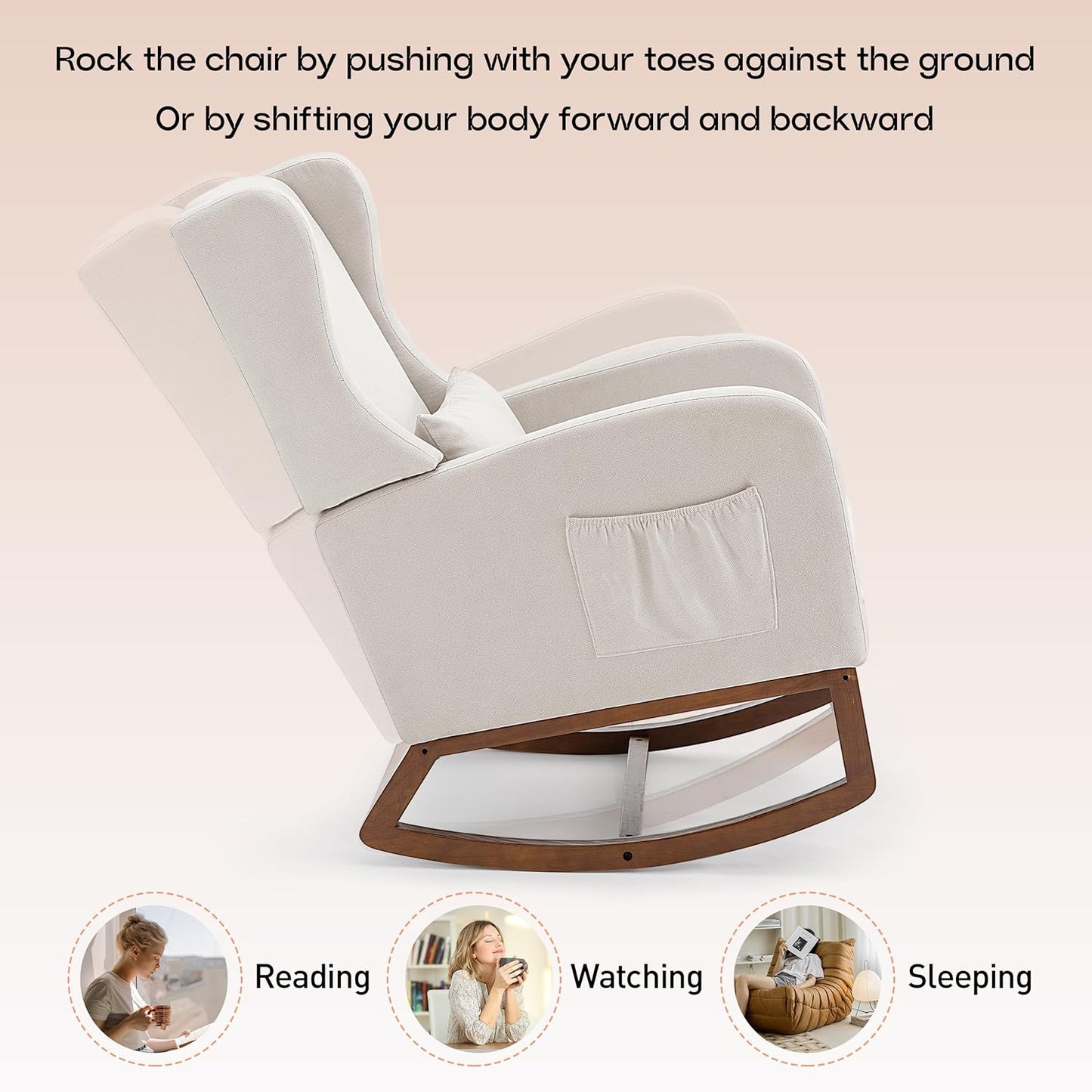 Rocking Chair Nursery Glider Chair with Foot Rest, Nursery Rocking Chairs with Rubber Wood Legs Side Pocket, High Back Nursing Chair, Accent Rocker Arm Chair Baby Bedroom, Living Room, Beige