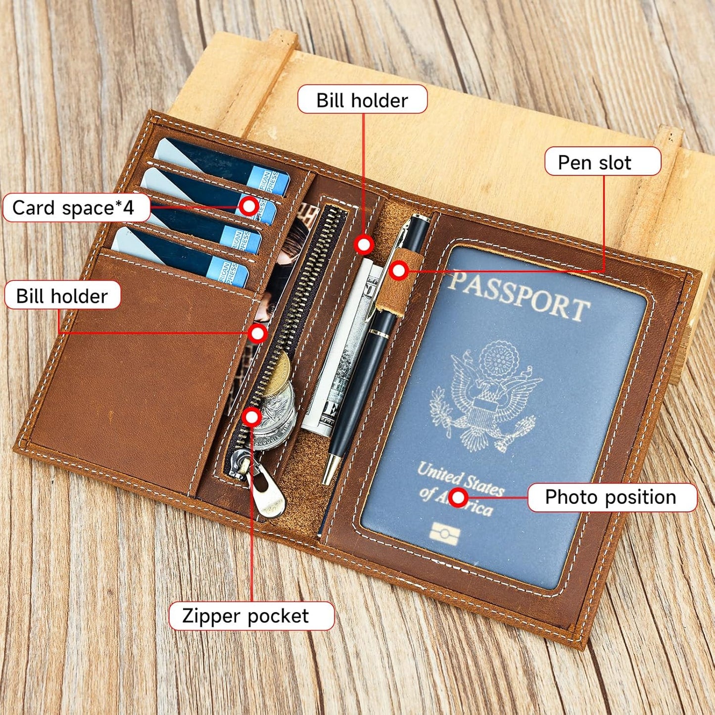 Genuine Leather Passport Holder Handmade Passport cover Lightweight Travel Bifold Passport Wallet brown