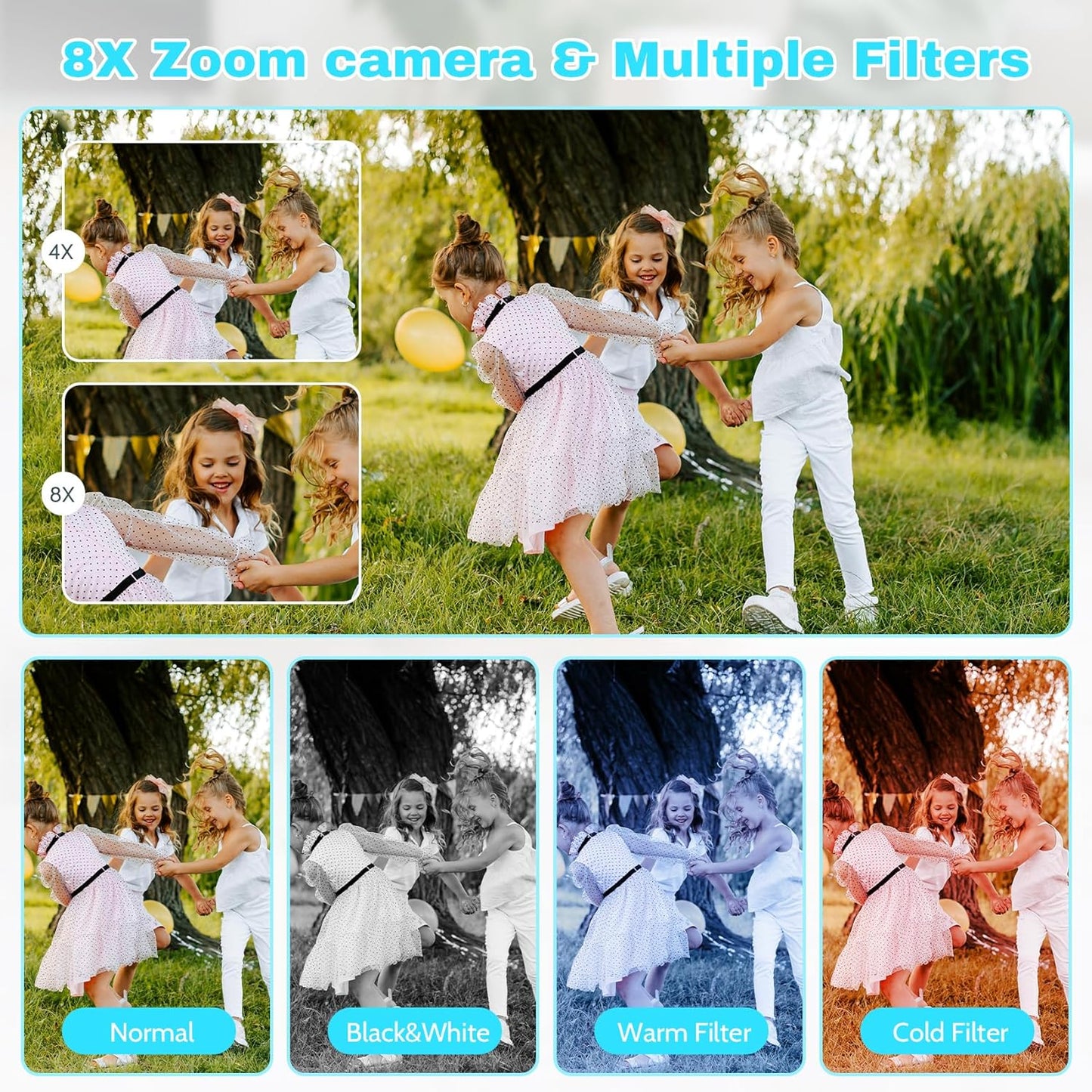 Digital Camera FHD 1080P Video & 8X Digital Zoom - Compact Point and Shoot Digital Camera with 2.4" Screen, 800mAh Rechargeable Battery - Portable Small Camera for Kids Teens Girls Boys (Teal)