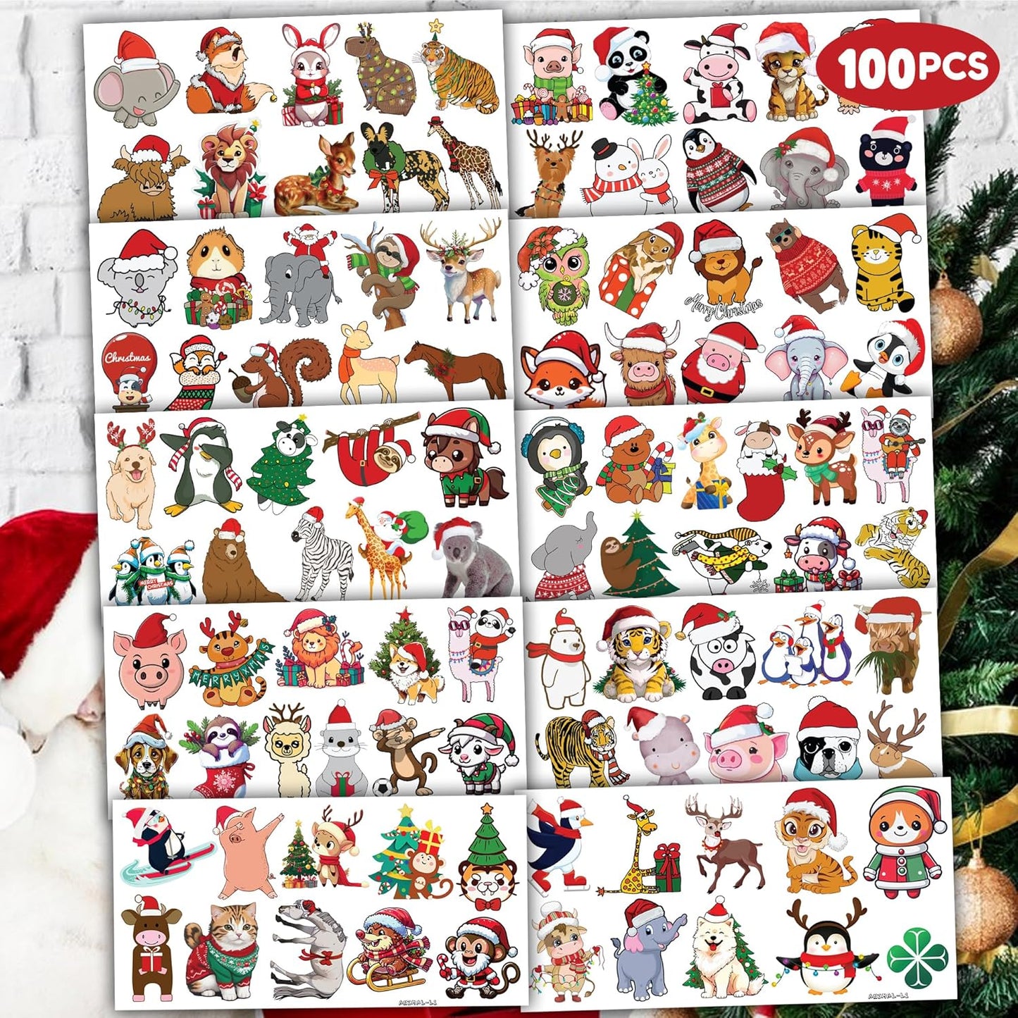 100 PCS Noel Christmas Animal Temporary Tattoos Sticker Jungle Birthday Christmas Party Decorations Supplies Favors Gifts Boys Girls Safari Zoo Cute Fake Tattoo School Reward Themed Santa Claus Xmas