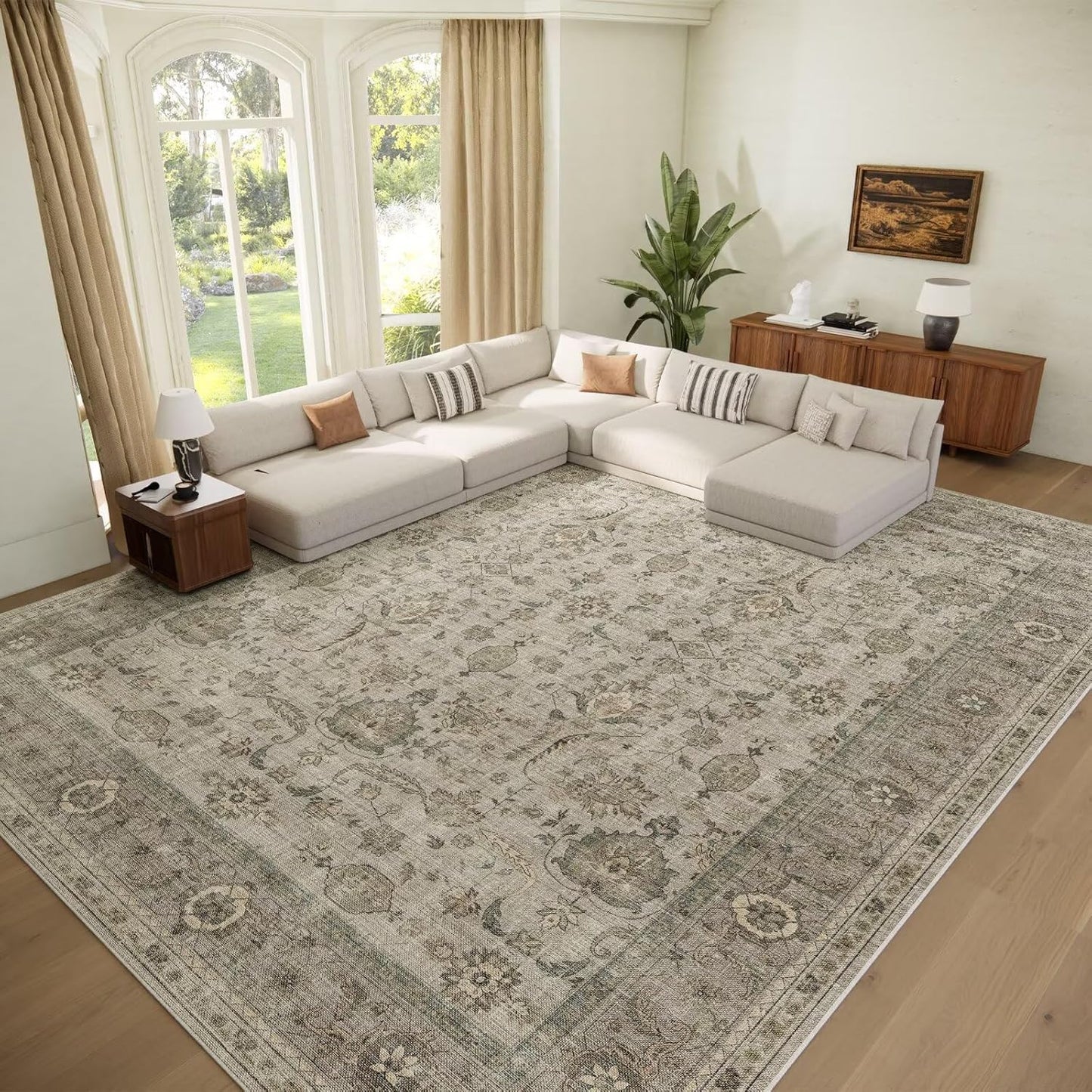 Washable 9x12 Area Rugs for Living Room, Boho Non-Slip Silicone Backing Rugs for Bedroom Dining Room Nursery Office, 0.3" Neutral Oriental Throw Carpet with 0.16" Cushioning Pad, Light Brown/Multi