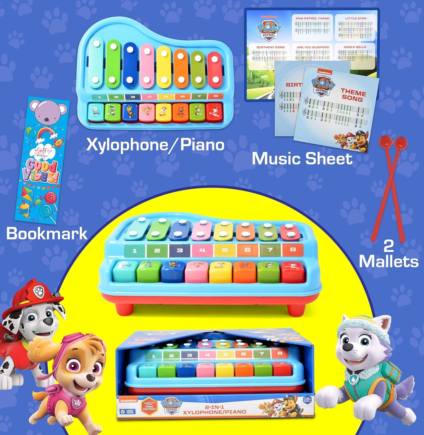 Paw Patrol 2 in 1 Baby Piano Xylophone Toy for Kids Toddlers Girls Boys Musical Instrument with Multicolored Keys Keyboard Sheet Music Two Mallets