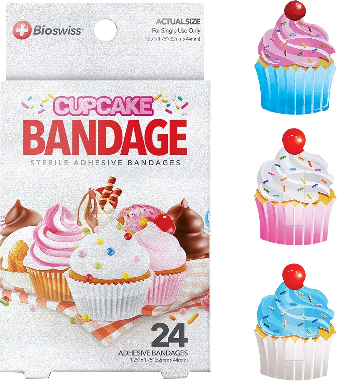 BioSwiss Bandages, Cupcake Shaped Self Adhesive Bandage, Latex Free Sterile Wound Care, Fun First Aid Kit Supplies for Kids, 24 Count