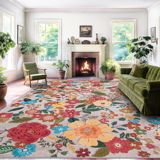 Area Rug Living Room Rugs: 6x9 Washable Rug Vintage Floral Soft Boho Non Slip Carpet Indoor Floor Non Shedding Low Pile Thin Carpets for Bedroom Dining Room Farmhouse Nursery Home Office Beige