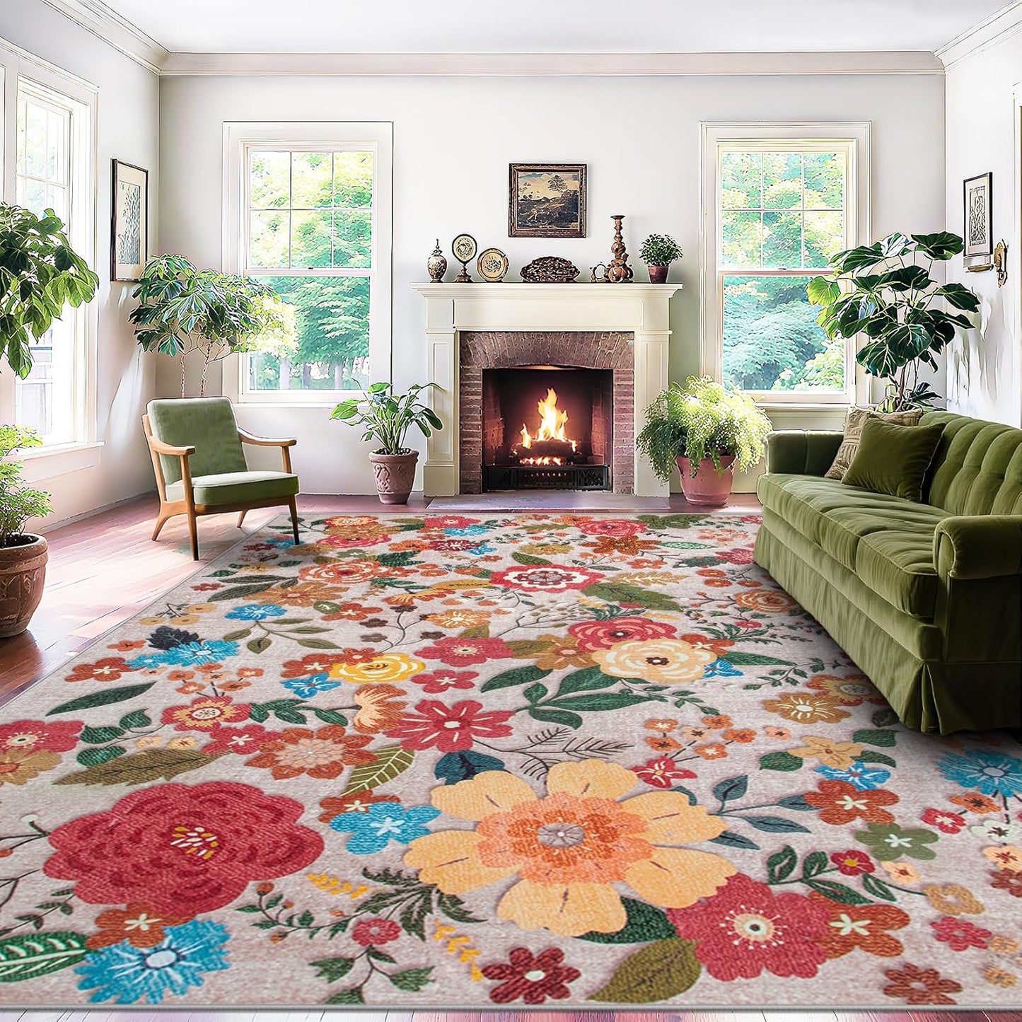 9x12 Area Rug for Living Room: Vintage Floral Washable Rug Soft Boho Non Slip Carpet Large Indoor Floor Non Shedding Low Pile Thin Carpets for Bedroom Dining Room Farmhouse Nursery Home Office Beige