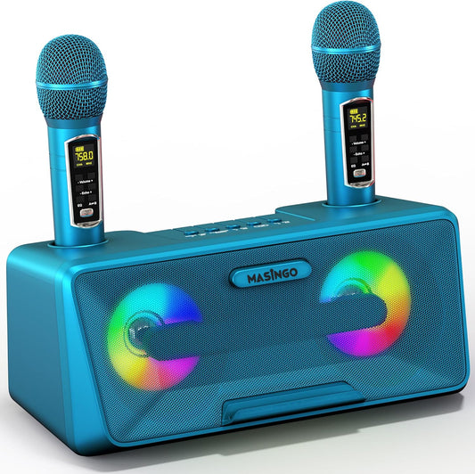 MASINGO Karaoke Machine for Adults and Kids with 2 Wireless Microphones, Portable Bluetooth Singing Speaker, Colorful LED Lights, PA System, Lyrics Display Phone Holder, and TV Cable. Presto G2