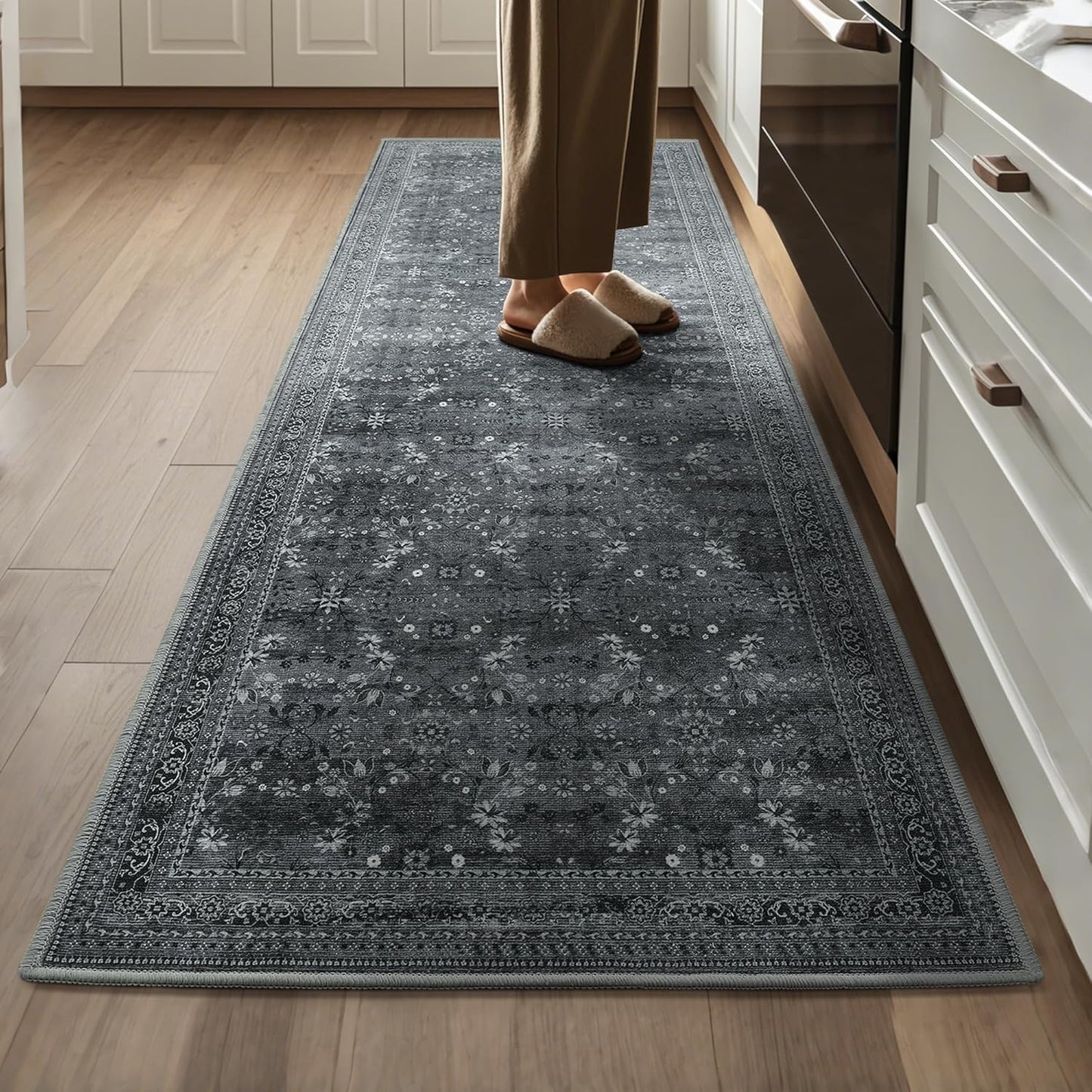 2x6 Washable Kitchen Runner Rug for Hallways, Non Slip Laundry Runners for Bathroom, Low Pile Rubber Backed Rugs for Entryway, Vintage Floral Carpet for Living Room Bedroom Black/Gray