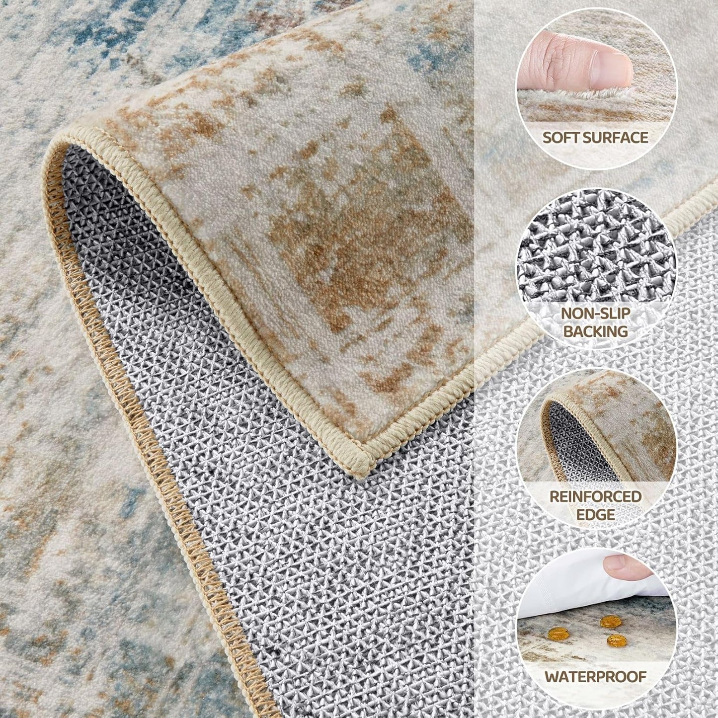 Area Rug for Living Room: 12x15 Washable Neutral Abstract Modern Soft Rugs Non Slip Indoor Floor Stain Resistant Large Carpet for Bedroom Dining Room Office Nursery - Blue Brown