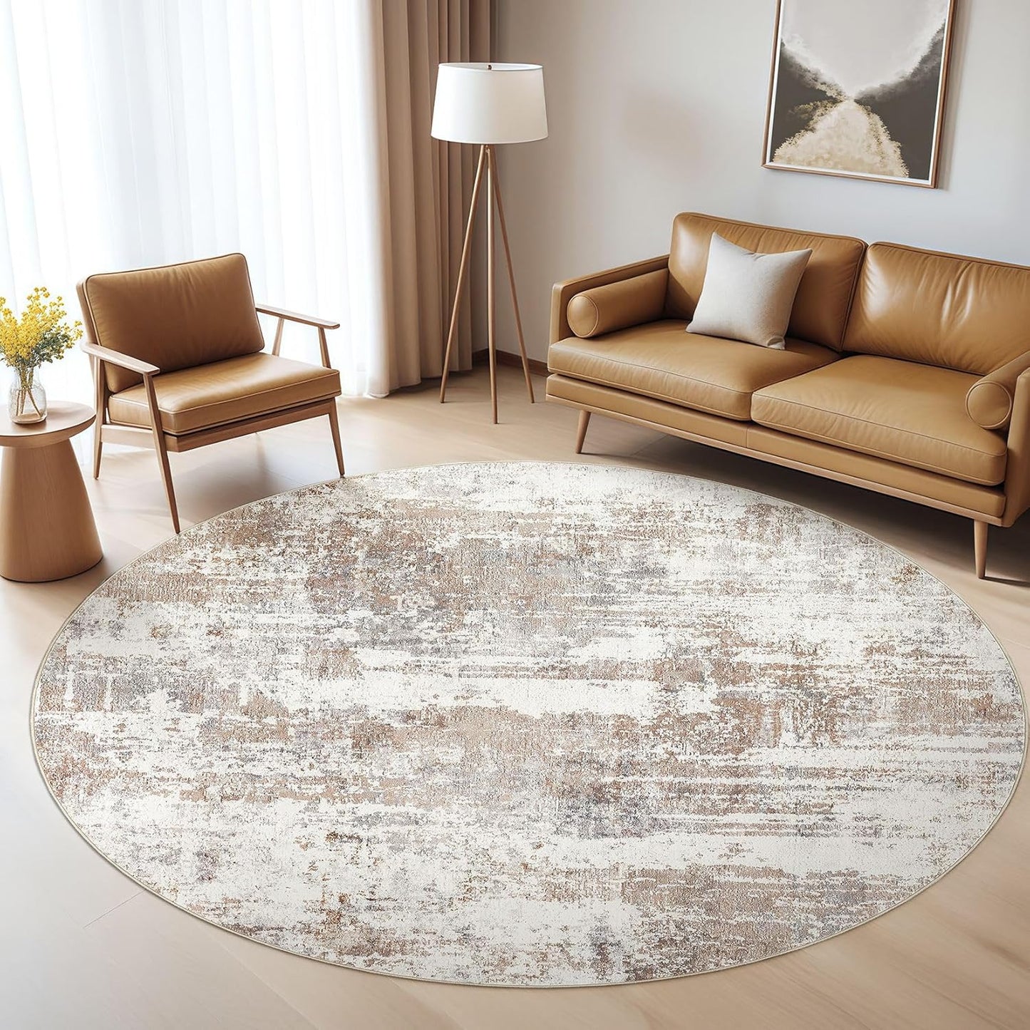 Round Rug Living Room Rugs: 6Ft Washable Circle Large Abstract Modern Soft Stain Resistant Non Slip Indoor Floor Carpet for Bedroom Nursery Office Dining Room Dorm Home House Decor- Brown