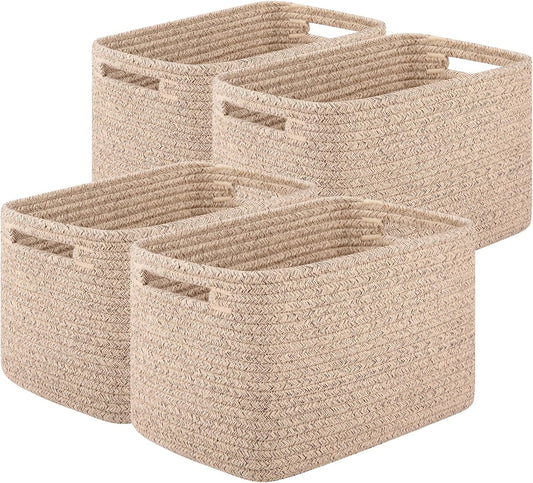 Storage Baskets for Organizing, Woven Decorative Baskets for Shelves - Books, Towels, and Clothes, Cotton Rope Toy Storage Bins, 12.7''Lx9''Wx7.8''H, Pack of 4, Brown