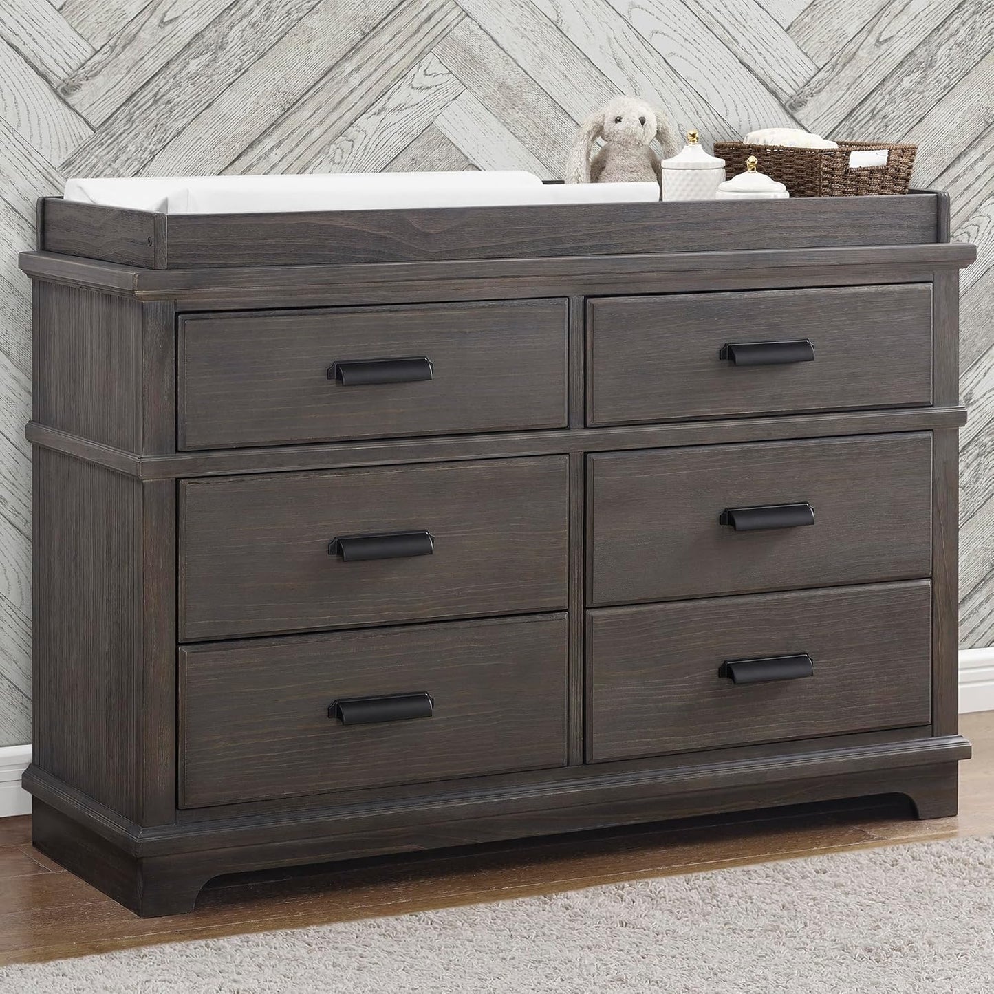 Delta Children Aerin Crib 6-Piece Baby Nursery Furniture Set–Includes: Convertible Crib, 6 Drawer Dresser, Changing Top, Crib Mattress, Sheets & Changing Pad, Rustic Grey