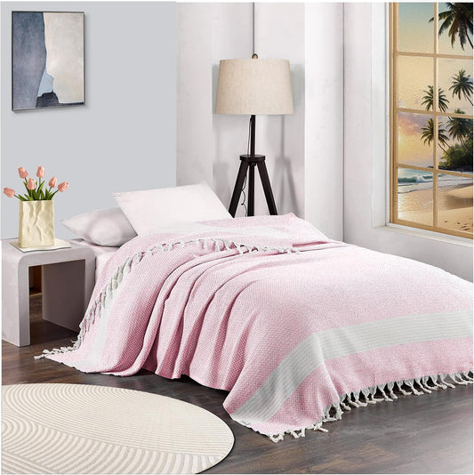 Breathable Bedspread Woven Blanket Cooling Queen Full Size Quilt Thin Comforter Boho Bed Bedroom Thing Girl Aesthetic Preppy Stuff Cute Accessories Girly Room Aesthetic College Student Dorm Decor Pink