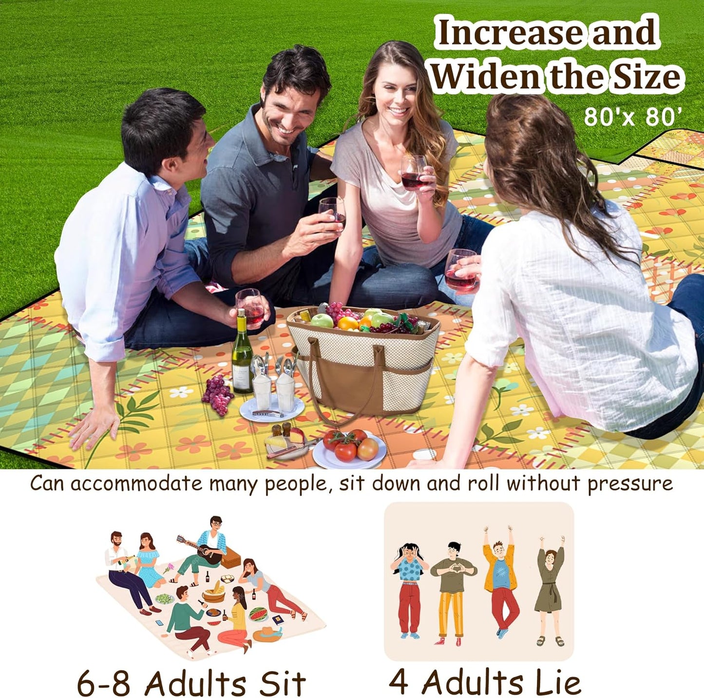 Extra Large Picnic Blanket Waterproof,80"x 80"Foldable Machine Washable Beach Blanket,Outdoor Blanket for 6-8 Adults,Suitable for Indoor Crawling,Park Beach,Camping,Hiking,Family Travel(Colorful)