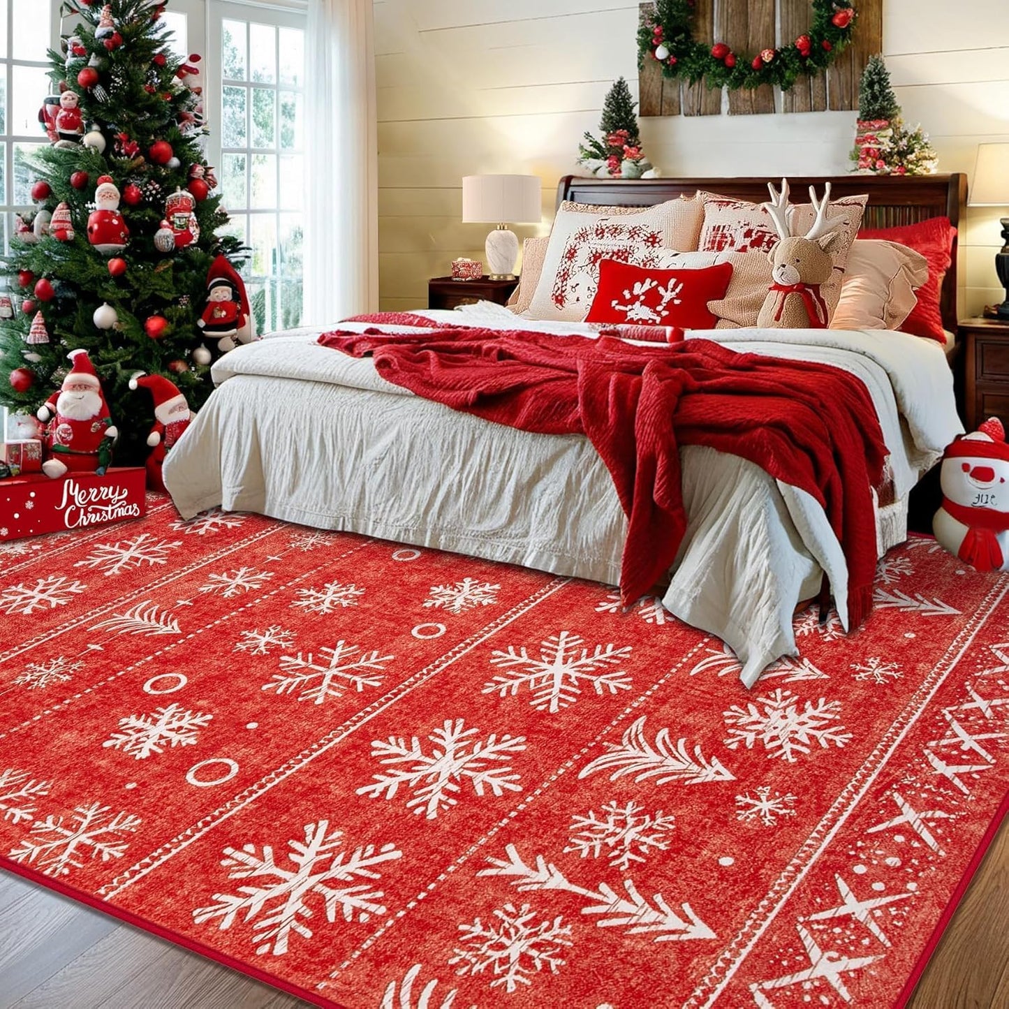 Christmas Area Rug 6x9 Red, Snowflake Washable Rugs for Bedroom Non Slip Kitchen Rug, Soft Christmas Tree Indoor Carpet for Kids Room Dining Room Entryway (6'x9', Xmas Red)