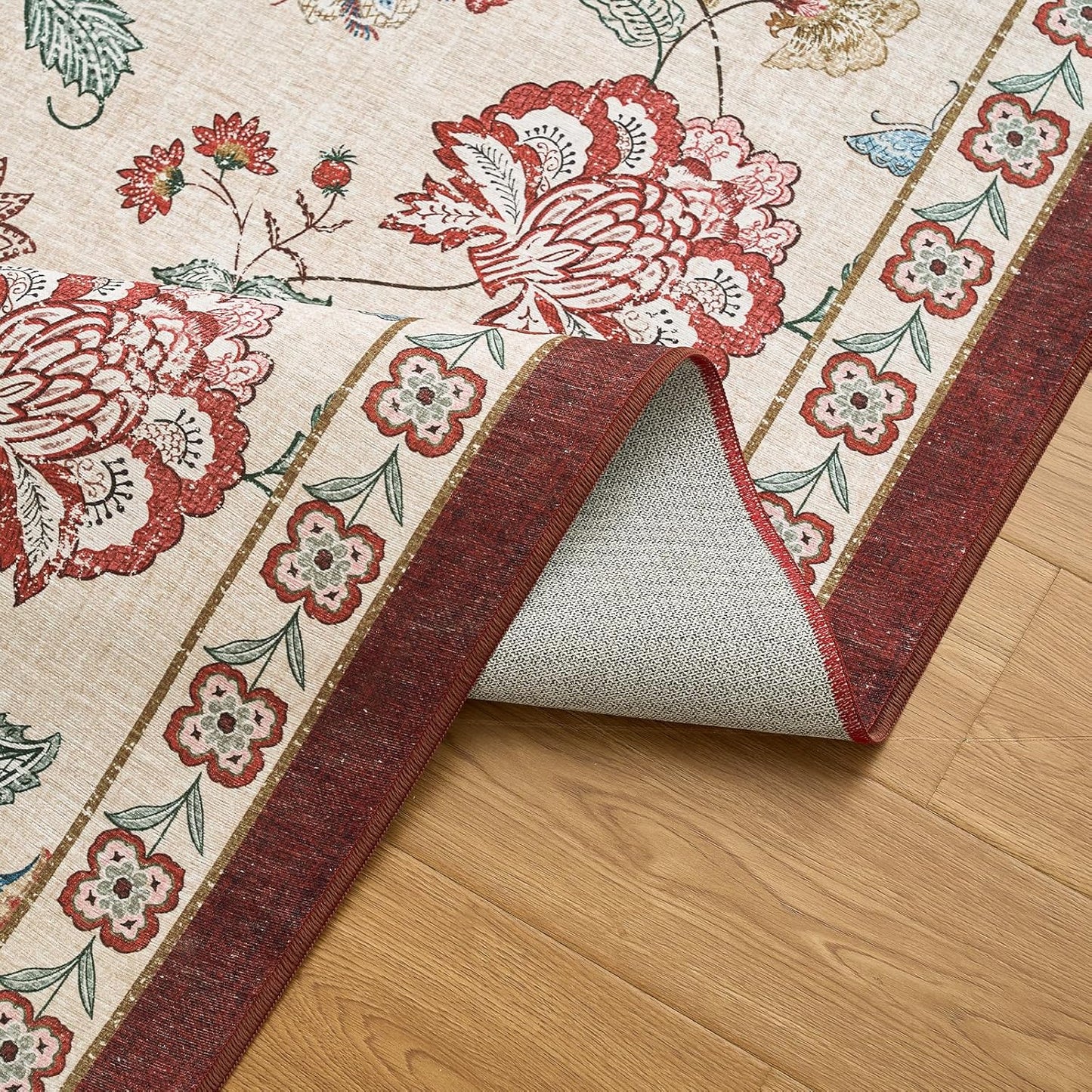 jinchan 2x5 Floral Runner Rug for Hallway Washable Kitchen Runner Vintage Romance Design Non Slip Thin Indoor Floor Cover Low-Profile Throw Carpet for Entryway Bathroom Bedroom Porch, Red/Beige