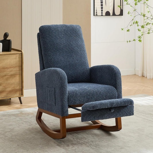 Nursery Rocking Chair with Foot Rest, Upholstered Glider Chair with Two Side Pockets, High Back Nursing Chair, Rocker Accent Armchair for Bedroom Living Room (Navy)