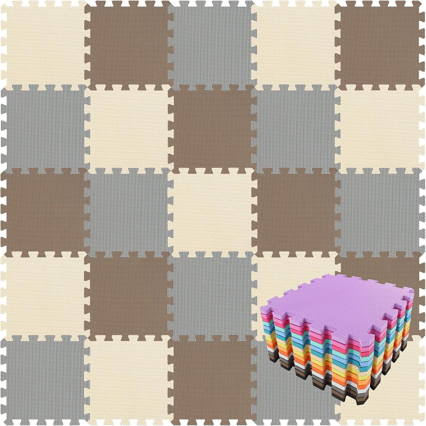 qqpp EVA Rubber 18 Tiles Interlocking Puzzle Foam Floor Mats - Baby Play Mat for Playing | Exercise Mat for Home Workout. Brown, Beige, Gray. QC-FJLb18N