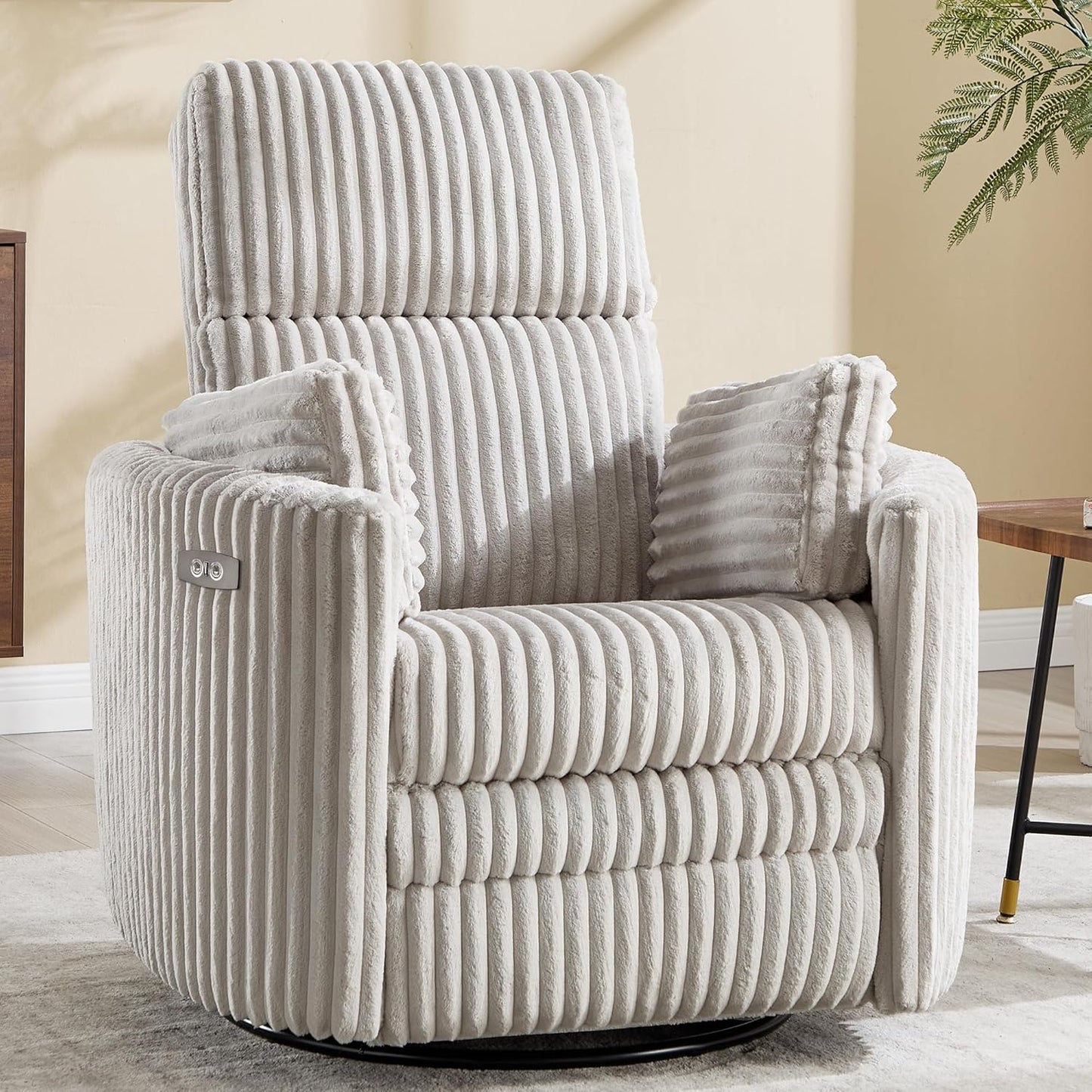 Recliner Swivel Glider Electric Rocking Chair with USB Living Room Bedroom Upholstered Highback Nursery Adult Power Recliner Rocking Chair with 2 Pillows(LIGHTGREY Corduroy, Power-Driven)