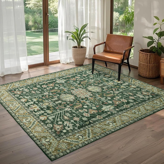 6x9 Area Rugs Washable: Oriental Soft Area Rug for Living Room Bedroom No Shedding - Low Pile Thin Carpet Rug for Dining Room Non Slip - Boho Vintage Rug for Home Decor - Retro Forest Green