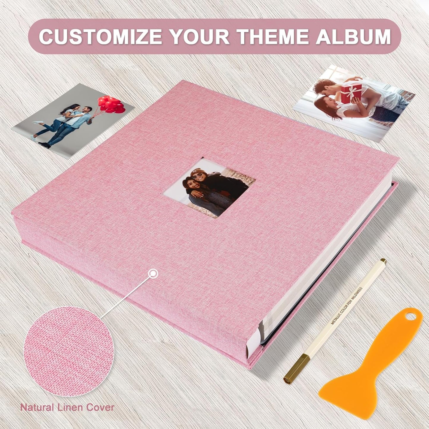 Photo Album Self Adhesive Pages Scrapbook Magnetic Photo Albums for 4x6 5x7 8x10 Pictures Sticky Pages Books for Baby Family Wedding 13.2x12.8 Pink 120 Pages