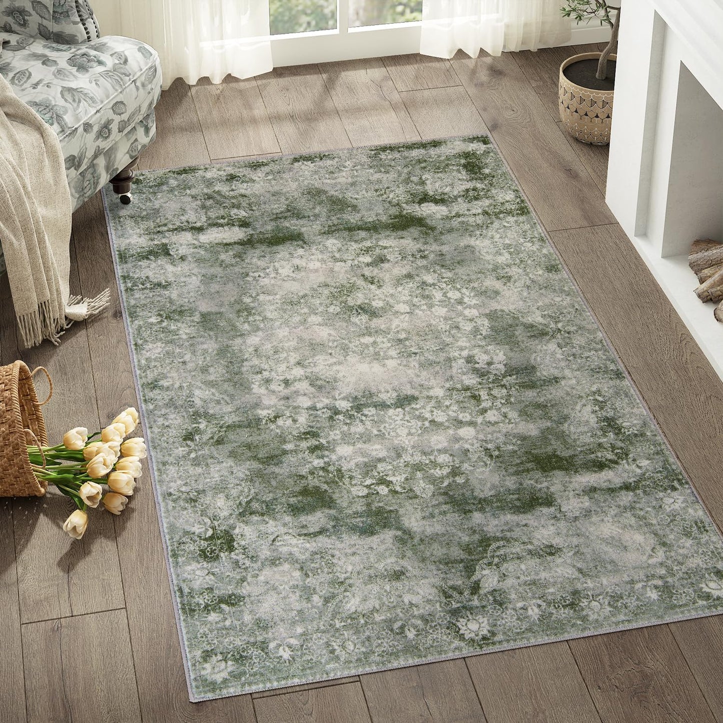 jinchan Green Floral 3x5 Area Rugs for Entryway - Machine Washable Vintage Distressed Design Low-Pile Soft Non-Shedding Carpet for Kitchen Bedside Laundry Living Room (3x5ft, Forest Green)