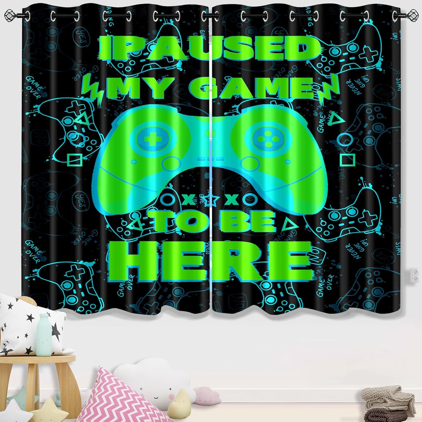 Gaming Curtain for Boys - 2Pcs Gamer Curtain Panels for Boys Bedroom Blackout Drapes Modern Games Patterns Windows Curtains Green Game Room Decor Grommet Top Thermal Insulated Curtains, 82" x 63"