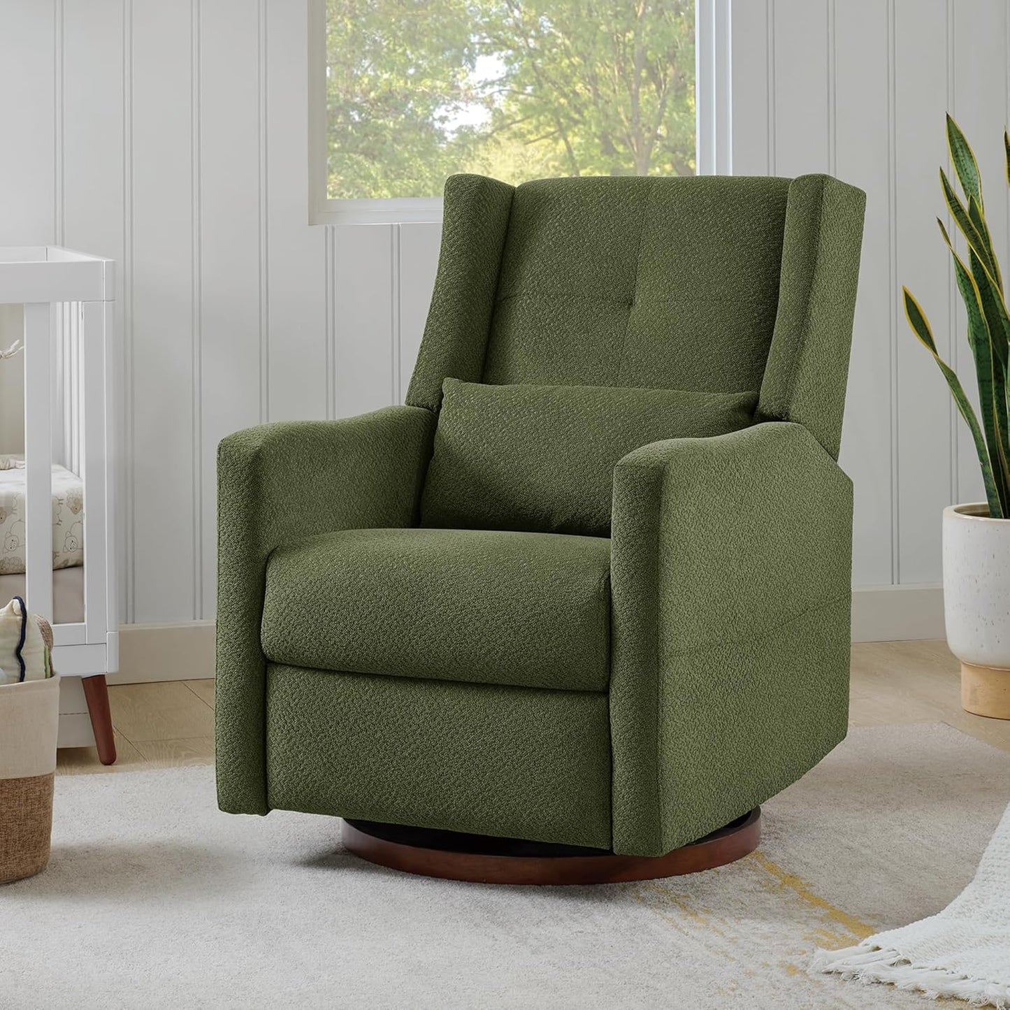 Upholstered Recliner Swivel Glider Nursery Chair Reclining Performance Fabric Rocker with Wood Base,Boucle,Moss Green